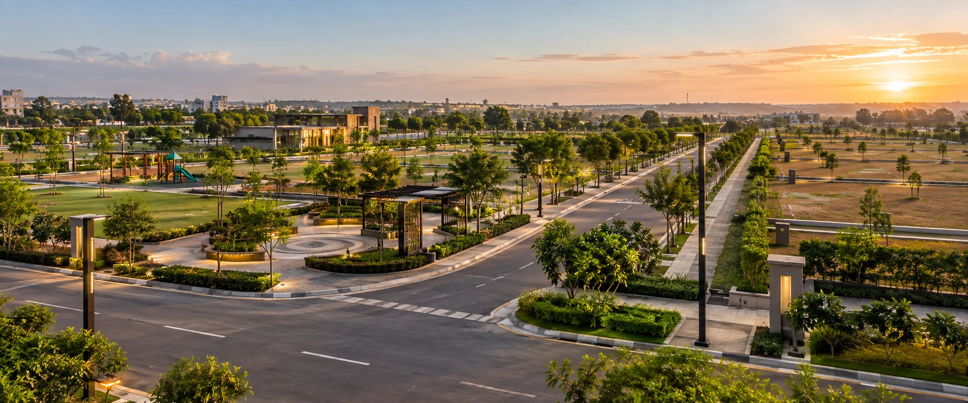 Illustrative planned community showing roads and greenery