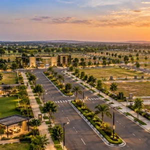 Illustrative aerial view of planned community at sunset
